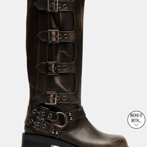 Steve Madden Rocky Brown Distressed Buckled Moto Knee Boots